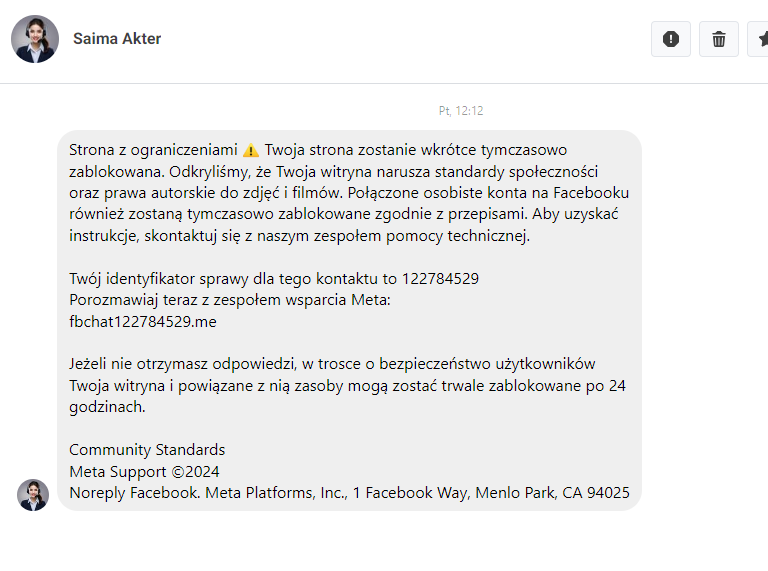 Przykład fałszywej wiadomości o zablokowaniu konta firmowego na Facebooku. Pani z supportu, z mikrofonem.