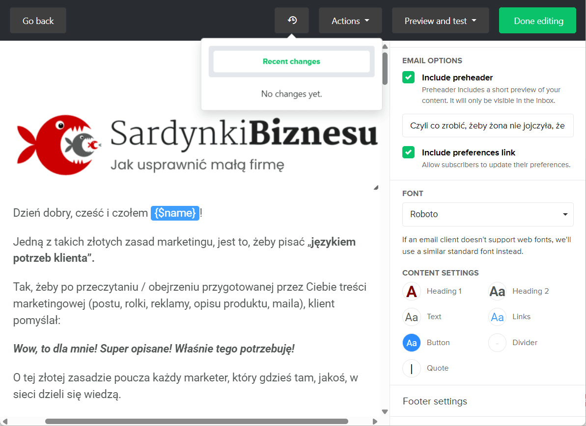 MailerLite Menu jak wygląda tworzenie wiadomosci — bardzo prosty interfejs. 