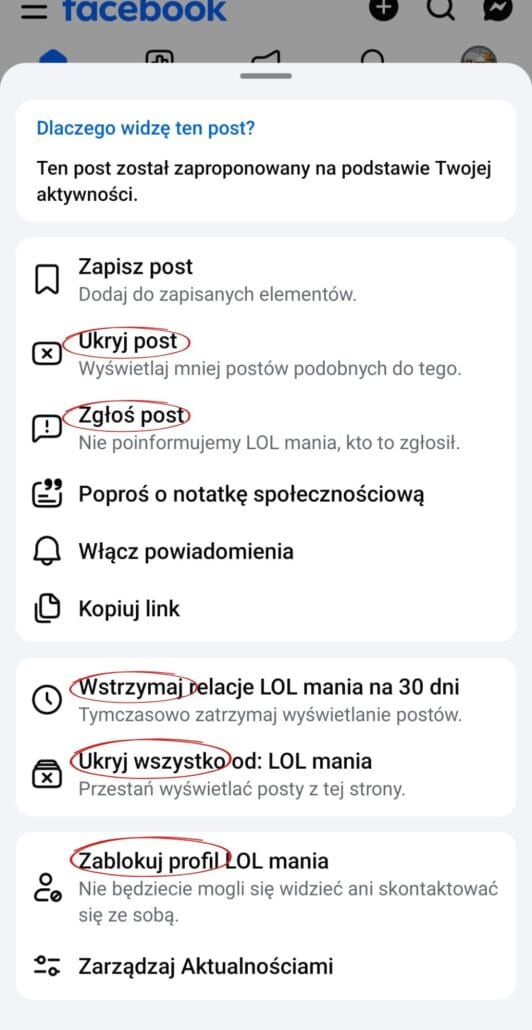 Printscreen z menu facebooka - opcje blokowania negatywnego postów ze strony