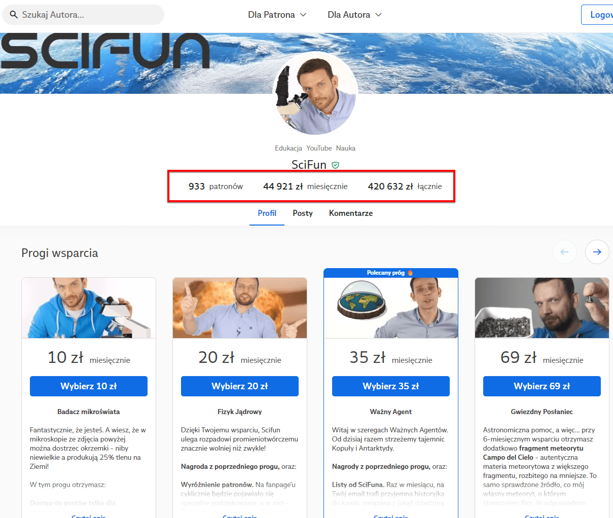 Sci Fun zarobki patronite 